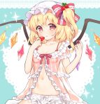  1girl alternate_costume babydoll blonde_hair bloomers blush bow breasts cleavage collarbone crystal flandre_scarlet food food_themed_hair_ornament frills fruit hair_between_eyes hair_ornament hat hat_bow looking_at_viewer mob_cap mugicha_(mugicha0929) navel parted_lips red_bow red_eyes short_sleeves side_ponytail small_breasts solo stomach strawberry strawberry_hair_ornament touhou underwear wings 