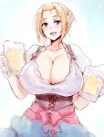  1girl alcohol beer beer_mug blonde_hair blue_dress blue_eyes breasts cleavage collarbone commentary_request corset dirndl dress german_clothes goban huge_breasts looking_at_viewer oktoberfest open_mouth original puffy_short_sleeves puffy_sleeves red_sash see-through short_sleeves smile solo sweat tied_hair underbust 