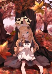  1girl absurdres alternate_costume animal_ear_fluff animal_ears apron autumn_leaves barefoot black_bow black_dress blue_archive blue_eyes bow cat_ears cat_girl closed_mouth commentary_request dress eco_mak1 highres leaf long_hair maid maid_apron maid_headdress mari_(blue_archive) one_eye_closed orange_hair puffy_short_sleeves puffy_sleeves short_sleeves sitting smile solo tree very_long_hair 