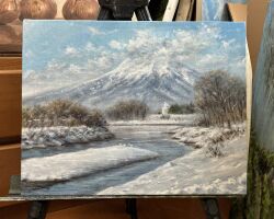 bare_tree blue_sky clouds commentary_request day hashibossan landscape mountain no_humans original outdoors painting_(medium) scenery sky snow traditional_media tree winter 
