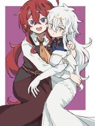  2girls absurdres ahoge annoyed bare_shoulders belt blue_shirt bow breasts brown_skirt closed_mouth collared_shirt dress elbow_gloves evefes0805 frills genderswap genderswap_(mtf) gloves hand_on_another's_shoulder hand_on_another's_waist happy highres hug long_hair long_sleeves looking_at_viewer medium_breasts multiple_girls necktie open_mouth ponytail re:zero_kara_hajimeru_isekai_seikatsu red_hair regulus_corneas reinhard_van_astrea shirt shoulder_strap skirt sleeveless strap undershirt violet_eyes white_dress white_gloves white_hair white_shirt yellow_bow yellow_eyes yellow_necktie 