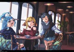  3girls absurdres blonde_hair blue_eyes blue_hair blue_skirt bow braid breasts cafe cake cake_slice chair closed_eyes collarbone collared_shirt colored_tips commentary english_commentary food fork gradient_hair green_eyes grey_hair hair_bow hair_ornament hairband high_ponytail highres holding holding_chair holding_fork holoh3roes hololive hololive_indonesia kaela_kovalskia kobo_kanaeru lamp long_hair long_sleeves medium_breasts multicolored_hair multiple_girls open_mouth plant plate ponytail potted_plant red_eyes red_hairband sanoh's_canvas shirt sitting skirt smile split_ponytail table thighs two-tone_hair vestia_zeta wavy_hair white_hair white_shirt window 