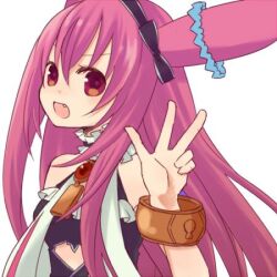  1girl animal_ears black_choker black_hairband black_shirt bow_hairband bracelet choker collar commentary_request emil_chronicle_online fang frilled_collar frills gold_bracelet hairband jewelry long_hair lowres mitama_nanai open_mouth purple_hair red_eyes shirt sleeveless sleeveless_shirt solo upper_body w white_background yellow_(artist) 