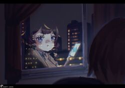  1girl absurdres anya_melfissa anya_melfissa_(indonesian_casual) artist_name blonde_streaks blush braid brown_hair building cellphone closed_mouth collar collared_shirt commentary earrings english_commentary gradient_hair hair_ornament highres holding holding_phone hololive hololive_indonesia jewelry looking_at_reflection multicolored_hair night phone reflection sanoh's_canvas shirt short_hair side_braid single_earring skyscraper smartphone solo streaked_hair striped_clothes striped_shirt vertical-striped_clothes vertical-striped_shirt violet_eyes virtual_youtuber white_collar window yellow_shirt 