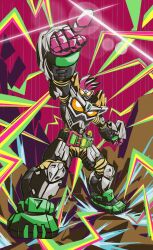  1boy absurdres animification commentary_request full_body gamer_driver highres kamen_rider kamen_rider_ex-aid kamen_rider_ex-aid_(maximum_gamer_level_99) kamen_rider_ex-aid_(series) male_focus outstretched_arm pointing rider_belt rider_gashat solo standing tokusatsu vgz083 