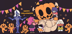  1girl 1other 4boys banner black_background blue_hair chibi chibi_only commentary_request deltarune halloween happy_halloween holding holding_pumpkin jack-o'-lantern jackenstein_(deltarune) kris_(dark_world)_(deltarune) kris_(deltarune) lancer_(deltarune) multiple_boys pink_hair pumpkin pumpkin_costume ralsei rouxls_kaard simple_background susie_(dark_world)_(deltarune) susie_(deltarune) taharu_(papiyas) the_fun_gang utdr_(toby_fox) 