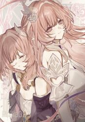  2girls abstract_background back-to-back bare_shoulders character_name closed_eyes closed_mouth coat commentary_request cyrene_(demiurge)_(honkai:_star_rail) cyrene_(honkai:_star_rail) cyrene_(philia093)_(honkai:_star_rail) detached_sleeves diamond-shaped_pupils diamond_(shape) dress dual_persona highres honkai:_star_rail honkai_(series) jewelry long_hair looking_at_viewer medium_hair multiple_girls na_tion_sctyr_o necklace off-shoulder_coat off_shoulder pink_hair pointy_ears purple_coat smile squeans symbol-shaped_pupils upper_body white_dress 
