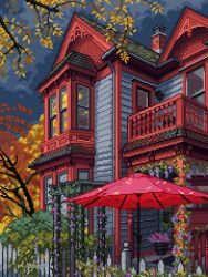  artist_name autumn autumn_leaves balcony bush chimney commentary english_commentary grey_sky highres house leaf michspich no_humans original outdoors overcast parasol pixel_art red_umbrella scenery sky tree umbrella white_fence 
