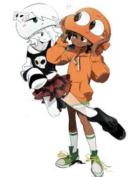  1boy 1girl arrcticc_fish brown_hair carrie_krueger dark-skinned_male dark_skin darwin_watterson ghost ghost_girl green_shoes hair_ornament hair_over_one_eye highres hood humanization humanoid_and_humanization shirt shoes short_hair simple_background skirt skull_hair_ornament smile the_amazing_world_of_gumball white_hair 