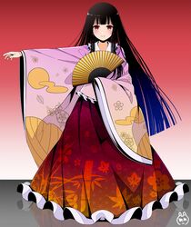  1girl black_hair fan folding_fan hime_cut houraisan_kaguya japanese_clothes kimono long_hair long_skirt looking_at_viewer nail_polish outstretched_arm red_eyes red_skirt skirt smile solo standing touhou wide_sleeves yuuka_nonoko 