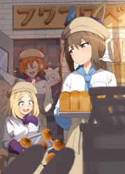  3girls admire_vega_(umamusume) animal_ears apron bakery blonde_hair blush bread breasts brown_hair character-themed_food closed_eyes closed_mouth commentary_request ear_covers ears_through_headwear food hair_between_eyes hat highres holding holding_tray horse_ears horse_girl horse_tail loaf_of_bread long_hair long_sleeves multiple_girls narita_top_road_(umamusume) open_mouth orange_hair oven_mitts seiji_(artman) shirt shop short_hair single_ear_cover smile sweatdrop t.m._opera_o_(umamusume) tail tray umamusume violet_eyes white_shirt 