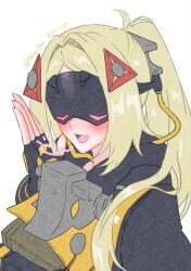  1girl ashimi_fugo blindfold_mask blonde_hair blush commentary_request covered_eyes fingerless_gloves gloves hair_ornament highres long_hair mask open_mouth ponytail smile solo triangle_hair_ornament trigger_(zenless_zone_zero) upper_body zenless_zone_zero 