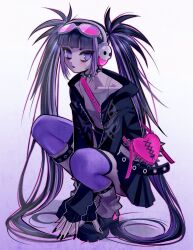  1girl 2000s_(style) acet0xy bag black_hair black_lips black_nails blunt_bangs collar gradient_background handbag headphones highres jacket light_blush multicolored_hair open_clothes open_jacket original pleated_skirt purple_background purple_hair purple_thighhighs sidelocks skirt skull solo solo_focus spiked_collar spikes tank_top thigh-highs two-tone_hair violet_eyes white_tank_top 