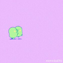  abby_(memedokies) animated animated_gif artist_name blush colored_skin creature creature_focus dancing green_skin holding_hands kiss kuchipatchi parted_lips purple_background shadow tamagotchi tamagotchi_(creature) textured_background 