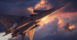  ace_combat ace_combat_2 aircraft airplane artist_name canards colorful_clouds commentary duel english_commentary explosion fictional_aircraft fighter_jet fire flying highres jetfreak-7 military_vehicle multiple_aircraft no_humans overcast scarface_1 sky su-35 vehicle_focus xfa-27 