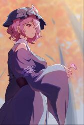  1girl autumn_leaves bare_shoulders blue_dress blue_hat blush breasts closed_mouth commentary_request delta_delta dress forest frilled_hat frills from_side hat highres holding holding_petal large_breasts leaf looking_at_viewer medium_hair nature petals pink_eyes pink_hair saigyouji_yuyuko smile solo touhou 