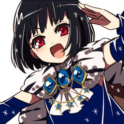  1girl akasata black_hair blue_gem cape commentary_request detached_sleeves fur_cape gem lapis_lazuline looking_at_viewer lowres magical_girl mahou_shoujo_ikusei_keikaku mahou_shoujo_ikusei_keikaku_restart open_mouth red_eyes short_hair star_ornament white_background 