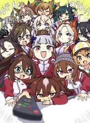  6+girls absurdres ahoge animal_ears baseball_cap beanie black_hair blast_onepiece_(umamusume) blonde_hair blue_eyes blunt_bangs blush bow braid breasts brown_eyes brown_hair brown_hat camera chrono_genesis_(umamusume) closed_eyes closed_mouth colored_bangs commentary_request controller domino_mask double-parted_bangs ear_bow ear_covers ear_ornament ear_tag earrings ears_through_headwear el_condor_pasa_(umamusume) eye_mask gold_ship_(umamusume) green_eyes green_hair grey_hair grey_hat hair_between_eyes hair_ornament hat highres holding holding_camera holding_controller holding_pencil holding_remote_control horse_ears horse_girl jacket jewelry kiseki_(umamusume) large_breasts long_bangs long_hair long_hair_between_eyes long_sleeves manhattan_cafe_(umamusume) mask medium_breasts multicolored_hair multiple_girls nakayama_festa_(umamusume) open_mouth orange_hair orfevre_(umamusume) pencil pillbox_hat red_eyes red_jacket red_track_suit remote_control satake_mei satono_diamond_(umamusume) short_hair single_ear_cover single_earring sirius_symboli_(umamusume) small_breasts smile speed_symboli_(umamusume) streaked_hair tap_dance_city_(umamusume) tongue tongue_out tracen_training_uniform track_jacket track_suit twintails two-tone_hair umamusume uxxxjf very_long_hair victoire_pisa_(umamusume) violet_eyes white_hair white_streaks yellow_eyes yellow_hat 