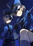  2girls arm_behind_back baton black_gloves black_necktie black_shorts blonde_hair blue_background blue_shirt braid caroline_(persona_5) clipboard closed_mouth double_bun dress_shirt eyepatch gloves grey_hair grin hat holding holding_weapon justine_(persona_5) long_sleeves looking_at_viewer military_hat multiple_girls necktie parted_lips paseri pencil_skirt persona persona_5 shade shirt short_hair siblings skirt smile strap twins weapon yellow_eyes 