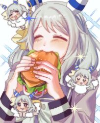  +_+ animal_ears blush bow bowtie burger closed_eyes dog_for_amami ear_covers eating food food_in_mouth grey_hair highres hishi_miracle_(umamusume) holding holding_burger holding_food horse_ears horse_girl horse_tail long_sleeves medium_hair open_mouth purple_sailor_collar purple_shirt sailor_collar sailor_shirt school_uniform shirt smile tail tracen_school_uniform umamusume white_bow white_bowtie white_wings wings 