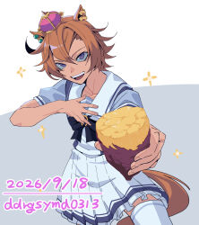  1girl animal_ears bow bowtie crown dogeyama_um food hair_between_eyes highres holding holding_food horse_ears horse_girl horse_tail mini_crown open_mouth orange_hair orange_tail pink_crown pleated_skirt puffy_short_sleeves puffy_sleeves purple_bow purple_bowtie purple_shirt roasted_sweet_potato sailor_collar sailor_shirt school_uniform shirt short_hair short_sleeves skirt smile solo sweet_potato t.m._opera_o_(umamusume) tail teeth thigh-highs tracen_school_uniform umamusume upper_teeth_only violet_eyes white_sailor_collar white_skirt white_thighhighs 