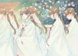  6+girls branch brown_eyes brown_hair bug butterfly cherry_blossoms chihaya_(clothing) closed_mouth commentary_request falling_petals flower hair_ribbon japanese_clothes k.nishiyama long_hair long_sleeves miko multiple_girls original painting_(medium) petals pink_flower ponytail ribbon traditional_media watercolor_(medium) white_ribbon wide_sleeves 