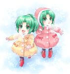  2girls :d boots bow child coat gloves green_eyes green_hair higurashi_no_naku_koro_ni hood maekawa_suu multiple_girls open_mouth ponytail siblings sisters smile snowflakes snowing sonozaki_mion sonozaki_shion twins younger 