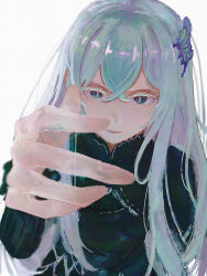  1girl black_dress black_eyes butterfly_hair_ornament closed_mouth commentary_request dress echidna_(re:zero) hair_ornament highres long_hair open_mouth re:zero_kara_hajimeru_isekai_seikatsu simple_background solo white_background yuhaku 