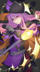  1boy absurdres belt belt_buckle black_background black_belt black_cape black_gloves black_hat buckle cape commentary_request cowboy_shot gloves hair_between_eyes hat highres holding holding_staff lclfc long_hair looking_at_viewer magic male_focus orange_cape orange_hat pants parted_lips pink_eyes pink_hair purple_shirt puyopuyo puyopuyo_quest red_pants shirt signature simple_background solo staff standing sullivan_(outlander)_(puyopuyo) sullivan_(puyopuyo) two-sided_cape two-sided_fabric two-sided_headwear witch_hat 