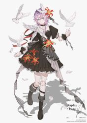  1girl 9lana bird black_boots black_dress black_wrist_cuffs boots braid closed_mouth collar commentary_request detached_collar doll_joints dove dress falling_feathers feathers flower frilled_collar frills green_eyes hair_between_eyes hair_flower hair_ornament hand_up highres indie_utaite joints kanmei_(kanmei_9luv) knee_strap lily_(flower) looking_ahead medium_hair puffy_short_sleeves puffy_sleeves purple_hair short_sleeves side_braid simple_background single_braid solo standing white_background white_wings wing_hair_ornament wing_ornament wings wrist_cuffs 