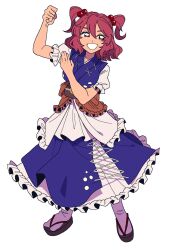  1girl brown_sash coin coin_on_string commentary_request full_body grin hair_bobbles hair_ornament highres looking_at_viewer medium_hair obi obidome onozuka_komachi orange555_555 puffy_short_sleeves puffy_sleeves red_eyes red_hair sash short_sleeves simple_background smile socks solo tabi touhou two_side_up white_background white_socks 