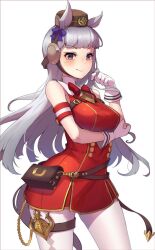  1girl animal_ears armband belt blue_bow bow bowtie brown_belt brown_hat closed_mouth commentary cowboy_shot dress ear_bow gloves gold_ship_(red_strife)_(umamusume) gold_ship_(umamusume) grey_hair hat horse_ears horse_girl horse_tail leggings long_hair looking_at_viewer pillbox_hat red_armband red_bow red_bowtie red_dress simple_background sleeveless sleeveless_dress smile solo tail thigh_strap twirling_hair v-shaped_eyebrows violet_eyes vococo white_background white_gloves white_leggings 