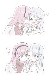  >_< 2girls absurdres bang_dream! bang_dream!_our_notes black_hairband brown_sweater cheek-to-cheek commentary_request flying_sweatdrops grey_eyes grey_hair h_tr_3 hairband heads_together heart highres izumi_houka jacket korean_commentary long_hair multiple_girls nervous_sweating one_eye_closed pink_hair shiomi_hotaru sweat sweater white_background white_jacket yuri 