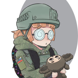  :o among_us backpack bag blunt_bangs brown_hair camouflage camouflage_jacket cheburashka commentary doll dshkah glasses green_helmet green_jacket helmet holding holding_doll hood hooded_jacket jacket meganekko_russian_girl_(dshkah) military original russia russian_ground_forces russo-ukrainian_war z_(russian_symbol) 