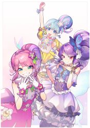  3girls absurdres big_hair blue_eyes blue_hair bow bowtie bracelet butterfly_hair_ornament closed_mouth commentary_request dress dttc8c flower frilled_dress frills gloves grin hair_bun hair_flower hair_ornament hand_on_own_hip highres jewelry junon_(pripara) kanon_(pripara) korean_commentary long_hair looking_at_viewer multicolored_hair multiple_girls off-shoulder_dress off_shoulder pink_bow pink_bowtie pink_dress pink_hair pink_streaks pinon_(pripara) pretty_series pripara purple_dress purple_hair purple_streaks red_eyes side_ponytail sidelocks single_hair_bun sleeveless sleeveless_dress smile star_(symbol) star_hair_ornament streaked_hair white_gloves yellow_dress 
