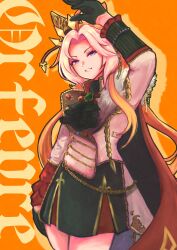  1girl ahoge animal_ears arm_up ascot black_ascot black_gloves black_skirt cape character_name coat colored_bangs commentary ear_covers english_commentary gem gloves green_gem highres horse_ears horse_girl horse_tail jacket long_hair long_sleeves looking_at_viewer multicolored_hair orange_background orange_hair orfevre_(control)_(umamusume) orfevre_(umamusume) parted_lips red_cape rollinzart simple_background single_ear_cover skirt smile solo tail two-tone_hair umamusume violet_eyes white_coat white_hair 