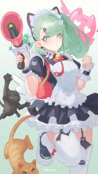  1girl absurdres animal_ear_hairband animal_ears asymmetrical_bangs bag bell black_dress blush cat cat_ear_hairband cat_ears closed_mouth commentary cowboy_shot dress fake_animal_ears garter_straps green_eyes green_hair hair_ornament hairband hairclip hands_up highres hoavu holding holding_megaphone legs looking_at_viewer maid maid_headdress megaphone neck_bell official_alternate_costume red_bag sunna_(afternoon_tea_break)_(zenless_zone_zero) sunna_(zenless_zone_zero) thigh-highs white_garter_straps white_thighhighs wings zenless_zone_zero 