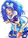  1girl :d animal_ears asymmetrical_clothes blue blue_choker blue_eyes blue_gloves blue_hair blue_jacket blue_legwear choker cure_gelato earrings fang food_themed_hair_ornament fur fur_jacket fur_trim gloves hair_ornament highres jacket jewelry kirakira_precure_a_la_mode lion_ears lion_tail long_hair magical_girl open_mouth ponytail precure sharumon short_sleeves simple_background single_thighhigh smile solo tail tategami_aoi thigh-highs white_background 