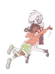  1boy 1girl arrcticc_fish brown_hair carrie_krueger colored_skin dark-skinned_male dark_skin darwin_watterson ghost ghost_girl green_shoes hair_ornament hair_over_one_eye highres hood hoodie humanization orange_hoodie personification shirt shoes short_hair simple_background skirt skull_hair_ornament smile the_amazing_world_of_gumball white_hair 
