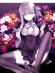  1girl bangs bb_(fate/extra_ccc) black_dress black_legwear breasts bustier dress fate/extra fate/extra_ccc fate_(series) floral_background flower full_body gloves grey_eyes hair_between_eyes hair_flower hair_ornament hair_ribbon light_smile long_hair looking_at_viewer medium_breasts ribbon riding_crop short_dress silly_(marinkomoe) silver_hair sitting smile thighs very_long_hair white_gloves wide_sleeves 