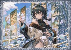  1boy antenna_hair bamboo bare_shoulders black_hair blue_eyes blush braid bright_pupils closed_mouth clouds fingerless_gloves gloves hair_between_eyes hand_up highres leg_up long_sleeves male_focus mian_long official_art pale_skin short_hair shorts shy_(series) trap white_pupils white_shorts wide_sleeves 