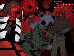  3others black_gloves blood brown_cape cape commentary_request der_fluchschutze extra_eyes flaming_head flower force_(4sk_force) four-hundred_roses gloves green_cape green_jacket highres horse hurting_teddy_bear jacket korean_commentary limbus_company monster monster_focus multiple_others nail_(hardware) object_head project_moon red_background red_flower red_rose rose rose_hunter sharp_teeth skeleton sleeping_bag_of_a_bygone_day stitches teeth thorns 