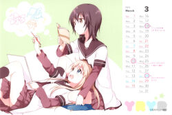  2015 2girls :d artist_name blonde_hair blue_eyes bow brown_bow brown_eyes brown_hair brown_sailor_collar calendar_(medium) closed_mouth copyright_notice dress foot_out_of_frame funami_yui ganbo hair_bow holding holding_notebook holding_pencil lap_pillow layered_sleeves long_hair long_sleeves mirakurun multiple_girls namori nanamori_school_uniform notebook open_mouth pencil red_dress rivalun sailor_collar school_uniform shirt short_dress short_hair short_over_long_sleeves short_sleeves sitting smile third-party_source toshinou_kyouko white_shirt winter_uniform yuruyuri 