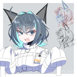  1girl ahoge aqua_eyes aqua_hair black_hair colored_inner_hair commentary_request earrings grey_background hair_intakes highres id_card jacket jewelry looking_at_viewer menou_74 multicolored_hair open_mouth original ringed_eyes sharp_teeth short_hair sketch_inset sleeves_past_fingers sleeves_past_wrists straitjacket teeth two-tone_hair variant_set white_jacket 