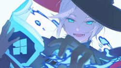  1boy black_cape black_gloves black_hat blue_eyes book brooch cape film_grain gloves hat highres holding holding_book jewelry lclfc looking_at_viewer magic male_focus open_book open_mouth portrait puyopuyo puyopuyo_quest red_hat richard_(outlander)_(puyopuyo) richard_(puyopuyo) simple_background smile solo two-sided_fabric two-sided_headwear white_background white_hair witch_hat 