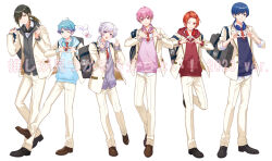  6+boys :d ;) ahoge antenna_hair bag bangs_pinned_back black_bag black_hair black_hoodie blazer blue_eyes blue_hair blue_hoodie blue_sweater_vest brown_shoes cardigan collared_shirt commentary_request cuff_links double_finger_heart finger_heart four-finger_heart_hands full_body hair_between_eyes hair_flaps headphones headphones_around_neck heart heart_hands hood hood_down hoodie hotoke_(ireisu) if_(ireisu) ireisu jacket lapels lineup liura_(ireisu) loafers long_sleeves looking_at_viewer low_ponytail male_focus meij_(meij00) multiple_boys naiko_(ireisu) necktie no_shoes notched_lapels official_art one_eye_closed open_collar pants parted_lips pink_eyes pink_hair pink_sweater_vest ponytail purple_cardigan purple_hair rabbit red_eyes red_hair red_hoodie red_necktie school_bag school_uniform shirt sho_(ireisu) shoes short_hair simple_background sleeves_rolled_up smile standing sweater_vest swept_bangs thumbs_down thumbs_down_heart_hands utaite violet_eyes white_background white_jacket white_pants white_shirt yusuke_(ireisu) 