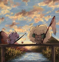  bridge clouds cotton_(plant) espurr evening fishing_rod grass green_horns grey_fur hand_net horns no_humans open_mouth orange_eyes panha pokemon pokemon_(creature) pokemon_focus river water whimsicott 