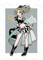  1girl absurdres black_boots blonde_hair boots border commentary_request crop_top final_fantasy final_fantasy_vi green_eyes green_ribbon grey_background hair_ribbon highres holding holding_sword holding_weapon long_hair midriff miri_(mirik) parted_bangs ponytail ribbon sash solo standing sword terra_branford twitter_username waist_sash wavy_hair weapon white_border 