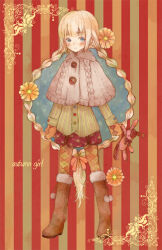  1girl argyle_clothes argyle_mittens argyle_pantyhose blonde_hair blue_eyes blush boots braid buttons cable_knit cako_ashida commentary english_commentary english_text flower fur-trimmed_boots fur_trim holding holding_stuffed_toy long_hair long_sleeves miniskirt mittens mixed-language_commentary original poncho skirt smile solo striped_background stuffed_animal stuffed_rabbit stuffed_toy twin_braids very_long_hair 