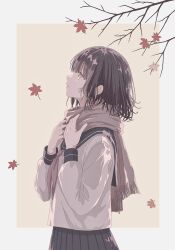  1girl 7_toto16 autumn_leaves black_hair black_sailor_collar black_skirt branch brown_neckerchief brown_scarf brown_shirt brown_theme closed_mouth commentary_request cowboy_shot expressionless falling_leaves from_side hands_up highres leaf long_sleeves looking_up neckerchief original profile sailor_collar scarf school_uniform serafuku shirt short_hair simple_background skirt solo standing yellow_background yellow_eyes 